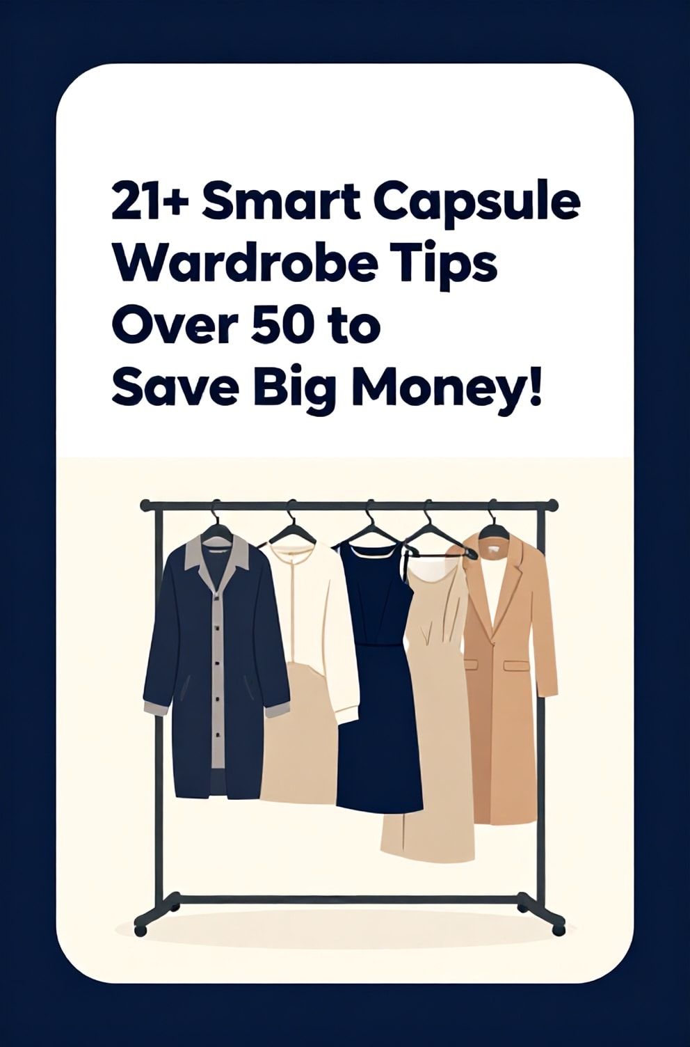 Bold%2C%20sharp%20text%20that%20says%20%E2%80%9C21%2B%20Smart%20Capsule%20Wardrobe%20Tips%20Over%2050%20to%20Save%20Big%20Money%E2%80%9D.%20The%20text%20is%20placed%20at%20the%20top%20inside%20a%20white%2C%20rounded%20rectangular%20illustration%20box%20in%20negative%20space%2C%20beautiful%20Pinterest-style%20frame.%20Pinterest-style%20illustration%20showing%20a%20small%20rack%20of%20five%20elegant%2C%20versatile%20clothing%20pieces.%20Background%20of%20sophisticated%20navy%20and%20cream%20tones.%20Clean%2C%20minimal%20composition%2C%20cold%20neutral%20or%20warm%20neutral%20color%20palette