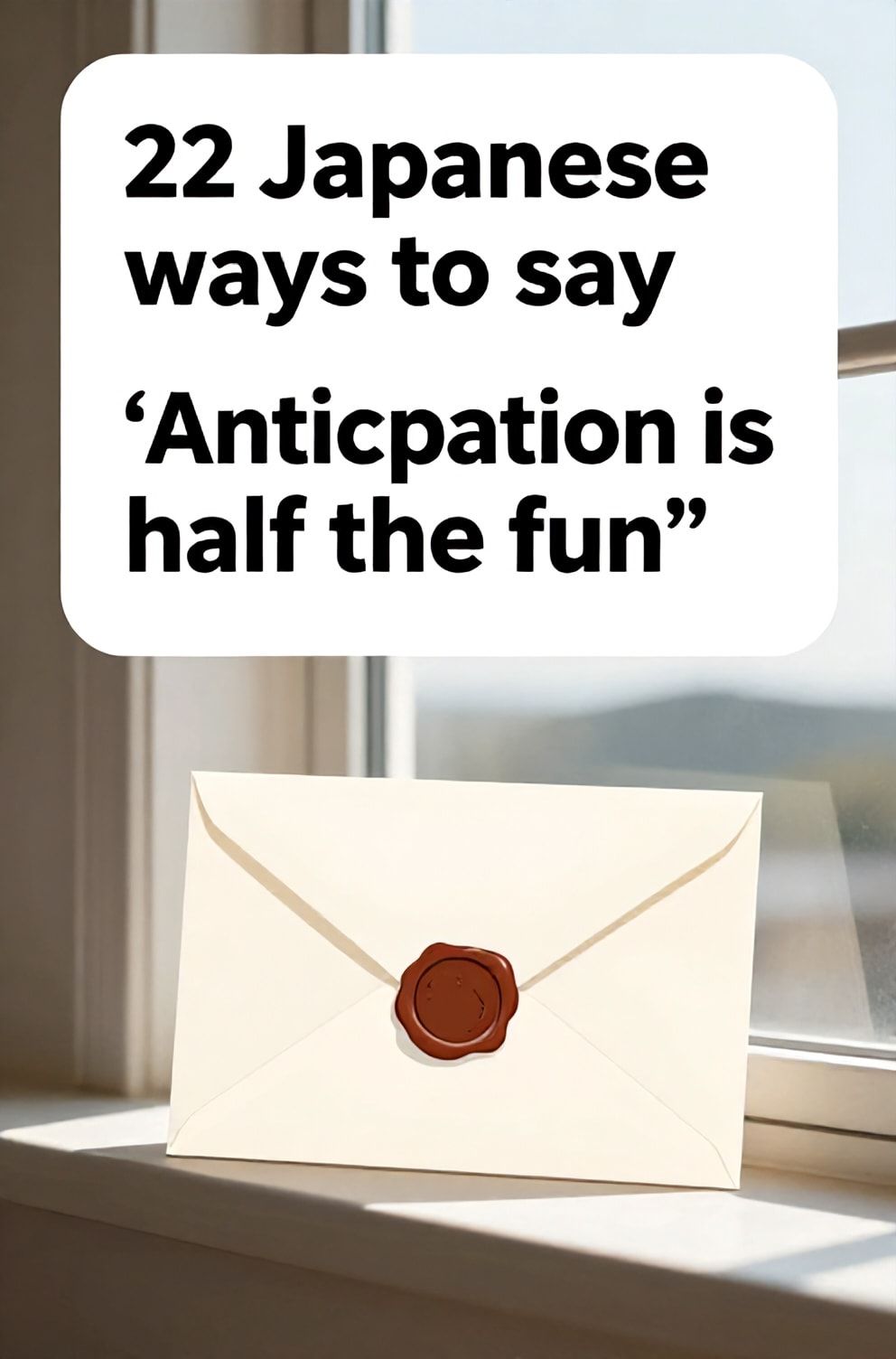 Bold%2C%20sharp%20text%20that%20says%20%E2%80%9C22%20Japanese%20ways%20to%20say%20%E2%80%9CAnticipation%20is%20half%20the%20fun%E2%80%9D%E2%80%9D.%20The%20text%20is%20placed%20at%20the%20top%20inside%20a%20white%2C%20rounded%20rectangular%20illustration%20box%20in%20negative%20space%2C%20beautiful%20Pinterest-style%20frame.%20Pinterest-style%20illustration%20showing%20an%20unopened%20letter%20with%20a%20wax%20seal.%20A%20sunlit%20windowsill%20with%20a%20view%20of%20a%20distant%20hill.%20Clean%2C%20minimal%20composition%2C%20cold%20neutral%20or%20warm%20neutral%20color%20palette