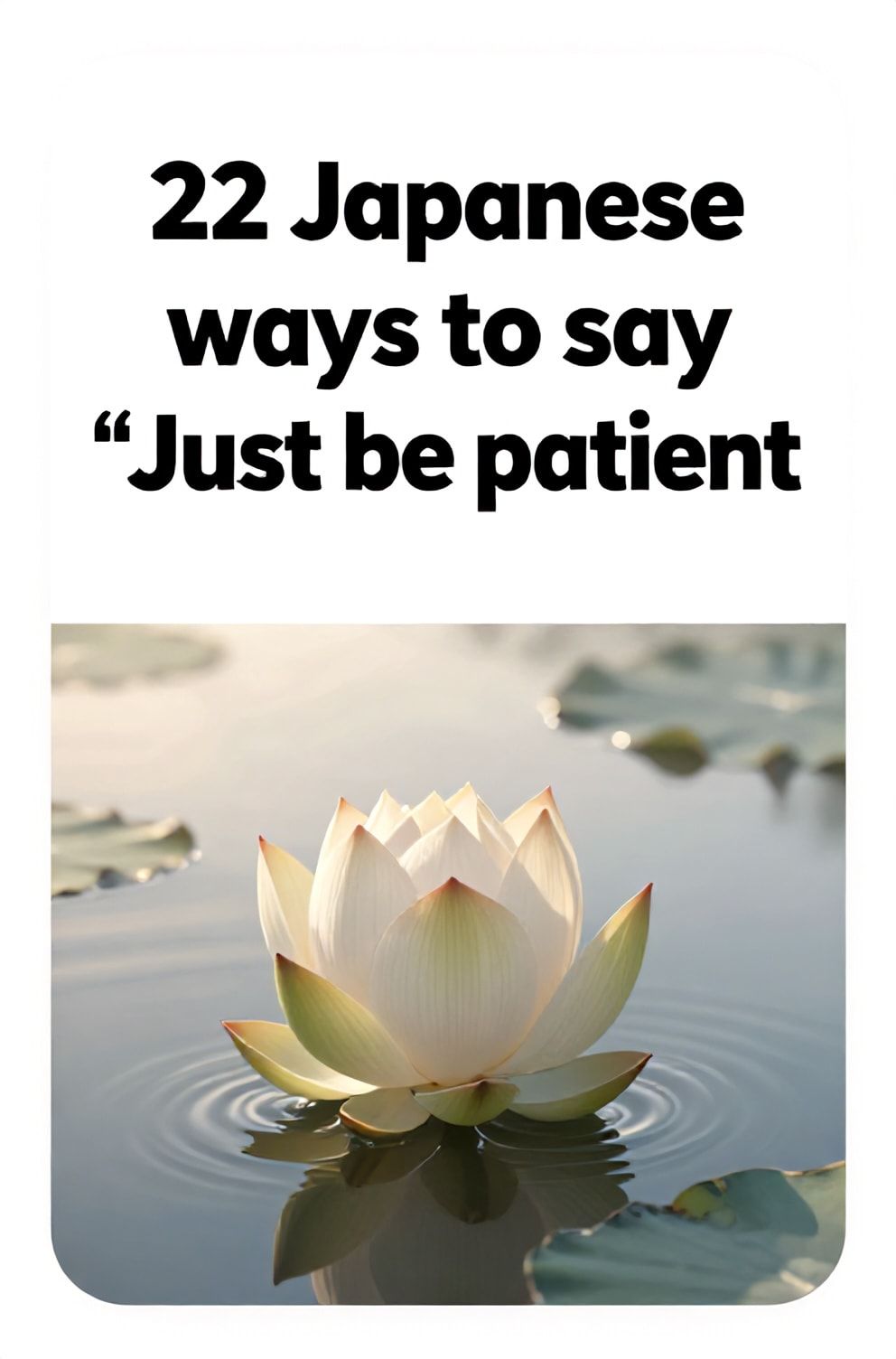 Bold%2C%20sharp%20text%20that%20says%20%E2%80%9C22%20Japanese%20ways%20to%20say%20%E2%80%9CJust%20be%20patient%E2%80%9D%E2%80%9D.%20The%20text%20is%20placed%20at%20the%20top%20inside%20a%20white%2C%20rounded%20rectangular%20illustration%20box%20in%20negative%20space%2C%20beautiful%20Pinterest-style%20frame.%20Pinterest-style%20illustration%20showing%20a%20closed%20lotus%20bud%20on%20the%20water%27s%20surface.%20The%20soft%2C%20diffused%20light%20of%20early%20morning%20on%20a%20still%20pond.%20Clean%2C%20minimal%20composition%2C%20cold%20neutral%20or%20warm%20neutral%20color%20palette