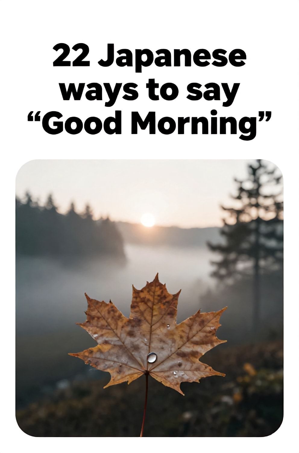 Bold%2C%20sharp%20text%20that%20says%20%E2%80%9C22%20Japanese%20ways%20to%20say%20%E2%80%9CGood%20Morning%E2%80%9D%E2%80%9D.%20The%20text%20is%20placed%20at%20the%20top%20inside%20a%20white%2C%20rounded%20rectangular%20illustration%20box%20in%20negative%20space%2C%20beautiful%20Pinterest-style%20frame.%20Pinterest-style%20illustration%20showing%20a%20single%20dewdrop%20on%20a%20maple%20leaf.%20The%20first%20gentle%20rays%20of%20sunrise%20over%20a%20misty%20forest%20valley.%20Clean%2C%20minimal%20composition%2C%20cold%20neutral%20or%20warm%20neutral%20color%20palette