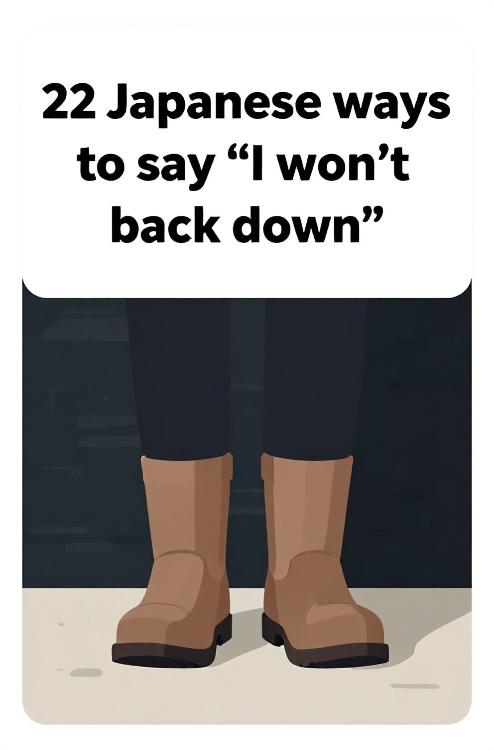 Bold%2C%20sharp%20text%20that%20says%20%E2%80%9C22%20Japanese%20ways%20to%20say%20%E2%80%9CI%20won%E2%80%99t%20back%20down%E2%80%9D%E2%80%9D.%20The%20text%20is%20placed%20at%20the%20top%20inside%20a%20white%2C%20rounded%20rectangular%20illustration%20box%20in%20negative%20space%2C%20beautiful%20Pinterest-style%20frame.%20Pinterest-style%20illustration%20showing%20a%20pair%20of%20boots%20planted%20firmly%20on%20the%20ground.%20A%20low-angle%20view%20against%20an%20imposing%2C%20dark%20wall.%20Clean%2C%20minimal%20composition%2C%20cold%20neutral%20or%20warm%20neutral%20color%20palette