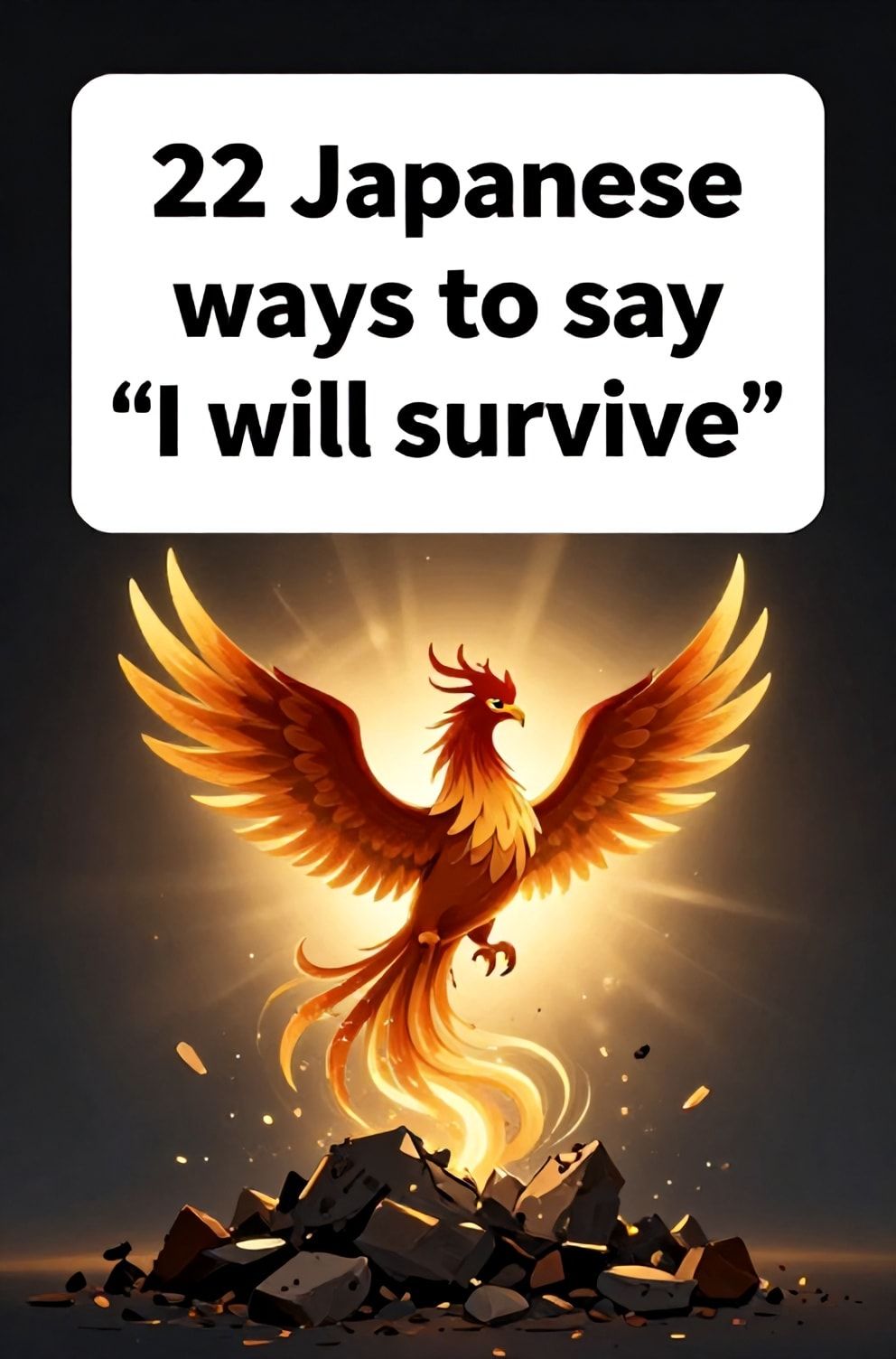 Bold%2C%20sharp%20text%20that%20says%20%E2%80%9C22%20Japanese%20ways%20to%20say%20%E2%80%9CI%20will%20survive%E2%80%9D%E2%80%9D.%20The%20text%20is%20placed%20at%20the%20top%20inside%20a%20white%2C%20rounded%20rectangular%20illustration%20box%20in%20negative%20space%2C%20beautiful%20Pinterest-style%20frame.%20Pinterest-style%20illustration%20showing%20a%20phoenix%20rising%20from%20a%20pile%20of%20ashes.%20A%20dark%20background%20giving%20way%20to%20brilliant%20golden%20light.%20Clean%2C%20minimal%20composition%2C%20cold%20neutral%20or%20warm%20neutral%20color%20palette