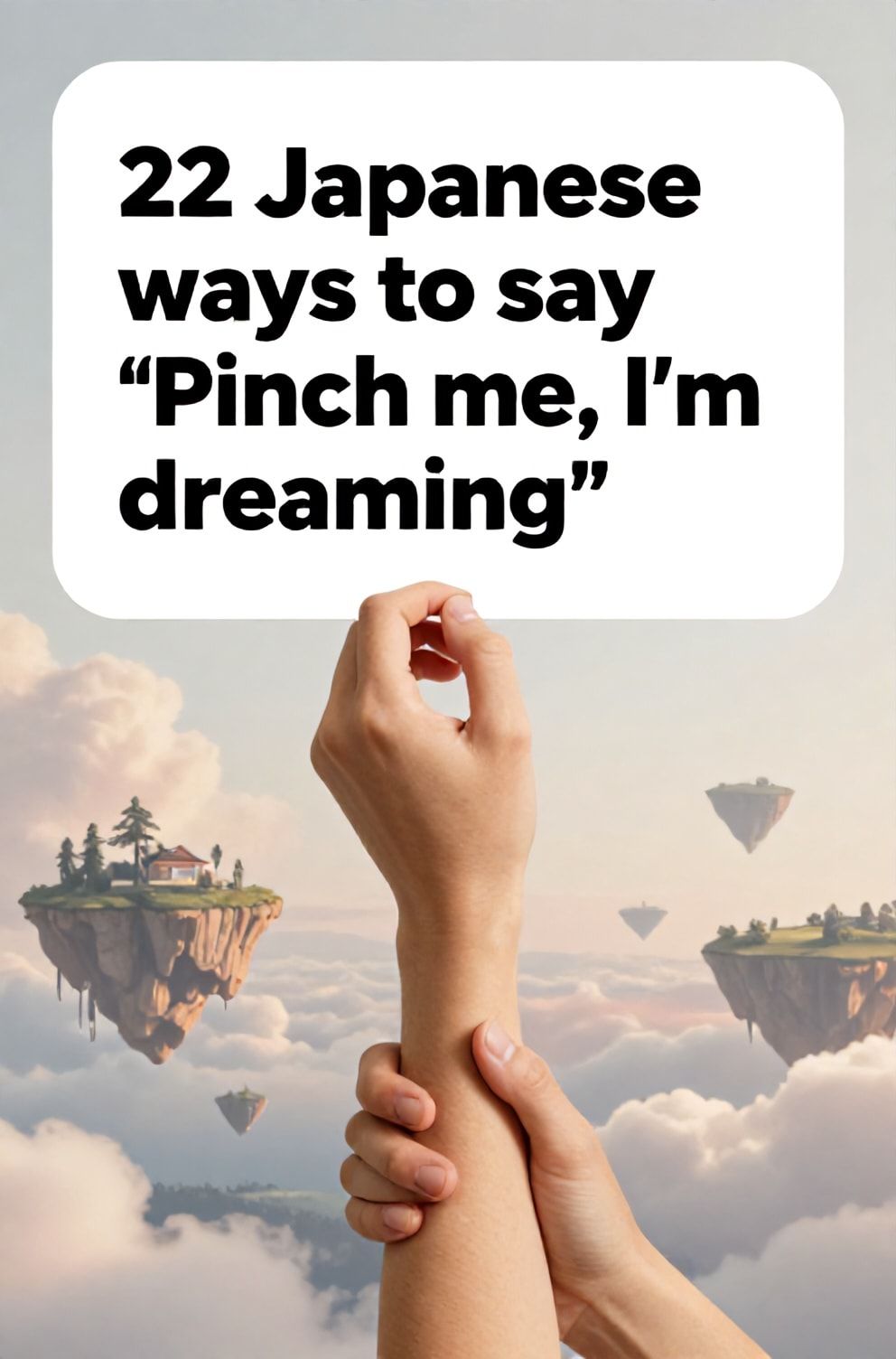 Bold%2C%20sharp%20text%20that%20says%20%E2%80%9C22%20Japanese%20ways%20to%20say%20%E2%80%9CPinch%20me%2C%20I%E2%80%99m%20dreaming%E2%80%9D%E2%80%9D.%20The%20text%20is%20placed%20at%20the%20top%20inside%20a%20white%2C%20rounded%20rectangular%20illustration%20box%20in%20negative%20space%2C%20beautiful%20Pinterest-style%20frame.%20Pinterest-style%20illustration%20showing%20a%20hand%20pinching%20its%20own%20arm%20gently.%20A%20surreal%2C%20ethereal%20landscape%20of%20floating%20islands%20and%20pastel%20clouds.%20Clean%2C%20minimal%20composition%2C%20cold%20neutral%20or%20warm%20neutral%20color%20palette