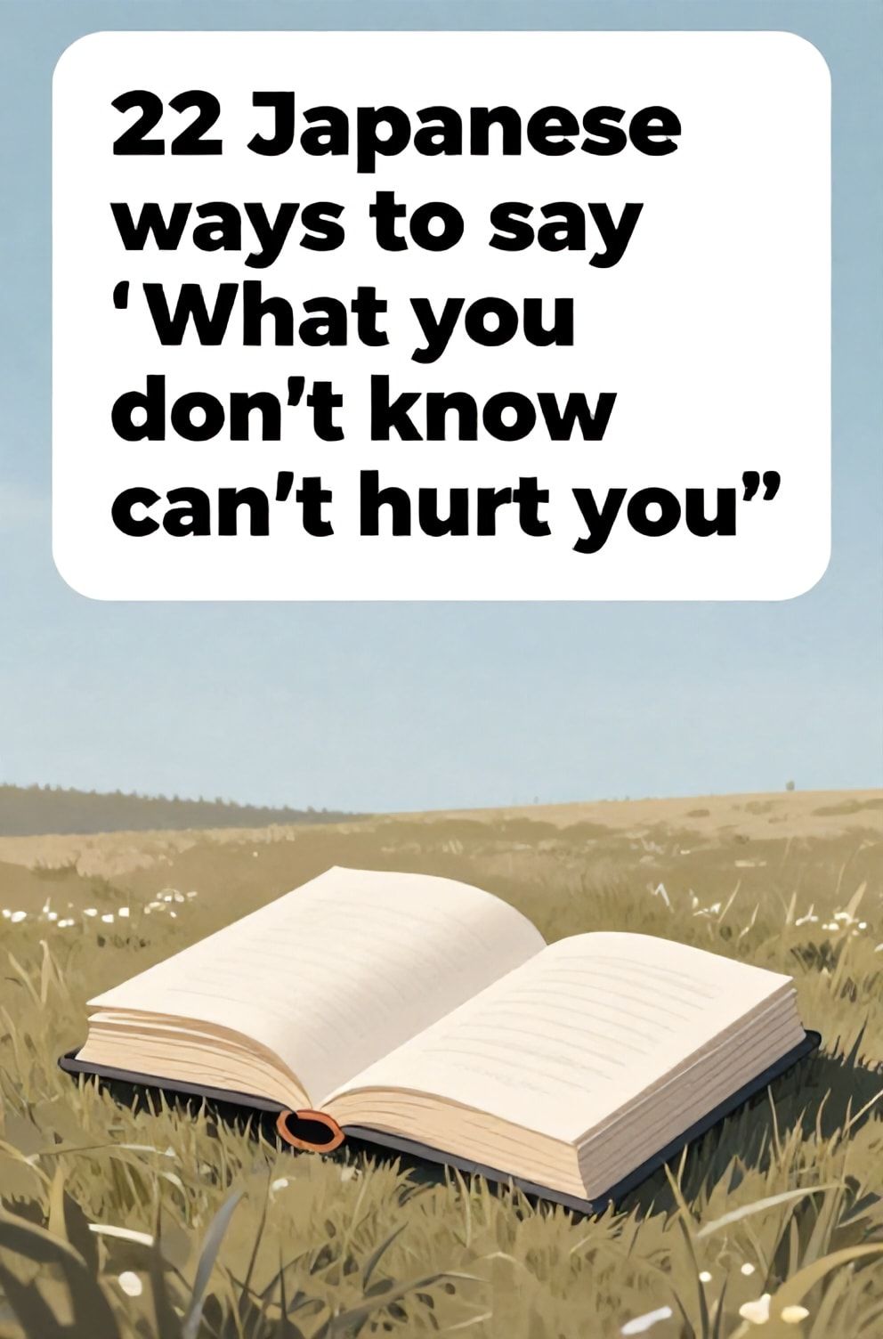 Bold%2C%20sharp%20text%20that%20says%20%E2%80%9C22%20Japanese%20ways%20to%20say%20%E2%80%9CWhat%20you%20don%E2%80%99t%20know%20can%E2%80%99t%20hurt%20you%E2%80%9D%E2%80%9D.%20The%20text%20is%20placed%20at%20the%20top%20inside%20a%20white%2C%20rounded%20rectangular%20illustration%20box%20in%20negative%20space%2C%20beautiful%20Pinterest-style%20frame.%20Pinterest-style%20illustration%20showing%20a%20closed%20book%20with%20an%20unbroken%20seal.%20A%20peaceful%20meadow%20under%20a%20clear%2C%20untroubled%20sky.%20Clean%2C%20minimal%20composition%2C%20cold%20neutral%20or%20warm%20neutral%20color%20palette