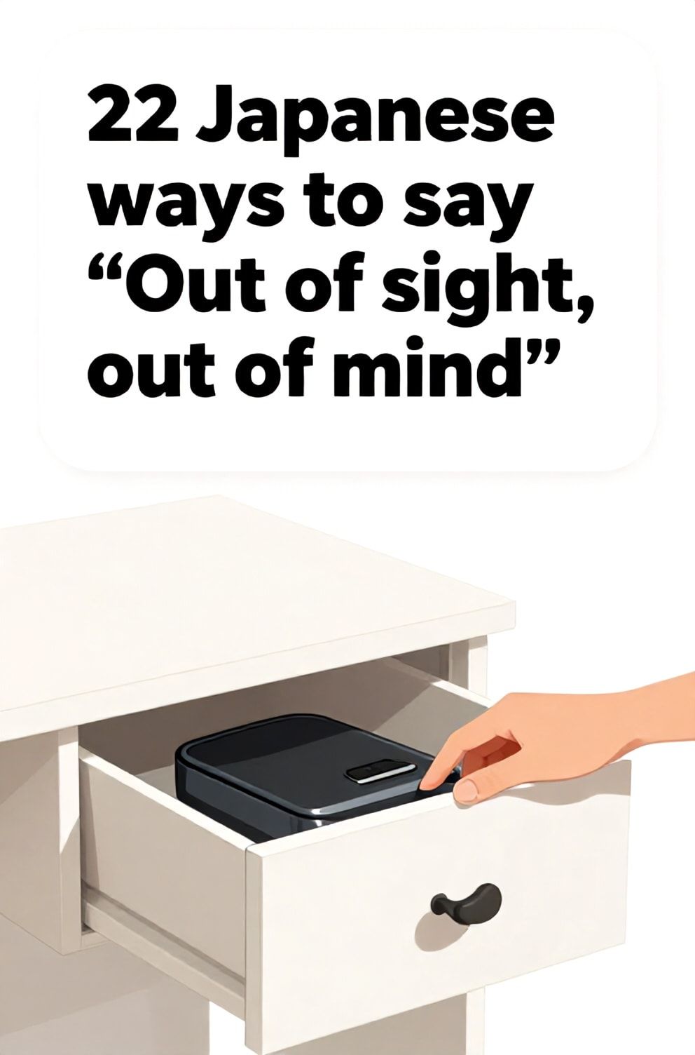 Bold%2C%20sharp%20text%20that%20says%20%E2%80%9C22%20Japanese%20ways%20to%20say%20%E2%80%9COut%20of%20sight%2C%20out%20of%20mind%E2%80%9D%E2%80%9D.%20The%20text%20is%20placed%20at%20the%20top%20inside%20a%20white%2C%20rounded%20rectangular%20illustration%20box%20in%20negative%20space%2C%20beautiful%20Pinterest-style%20frame.%20Pinterest-style%20illustration%20showing%20an%20object%20being%20gently%20placed%20inside%20a%20drawer.%20A%20simple%2C%20clean%20desk%20against%20a%20plain%20white%20wall.%20Clean%2C%20minimal%20composition%2C%20cold%20neutral%20or%20warm%20neutral%20color%20palette