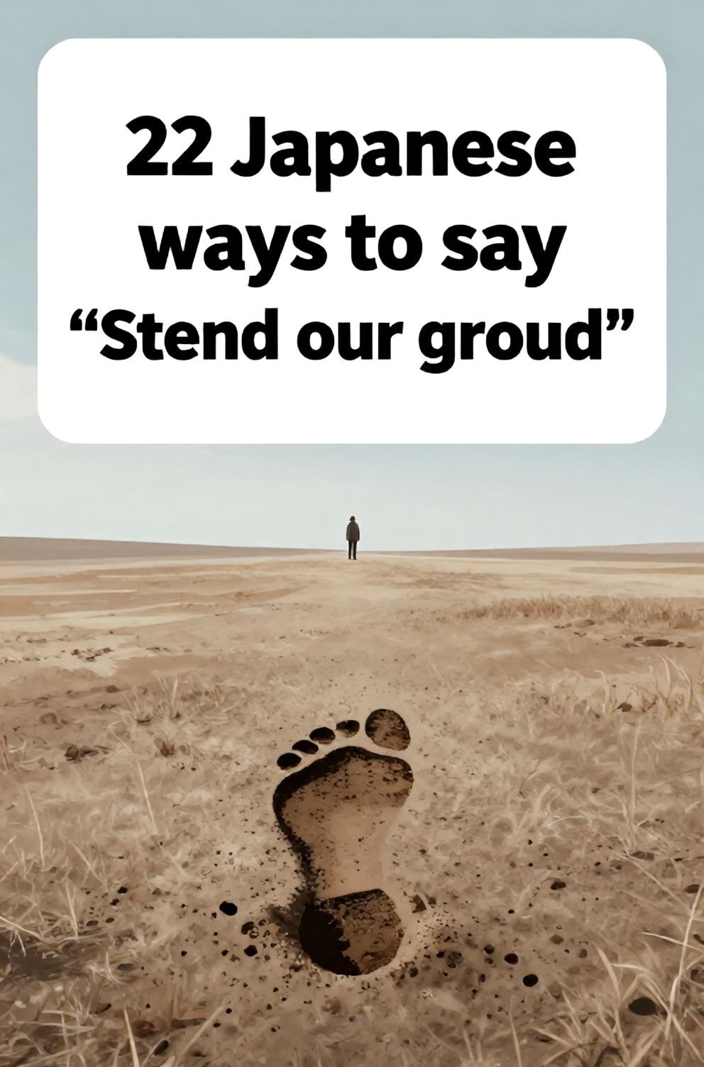 Bold%2C%20sharp%20text%20that%20says%20%E2%80%9C22%20Japanese%20ways%20to%20say%20%E2%80%9CStand%20your%20ground%E2%80%9D%E2%80%9D.%20The%20text%20is%20placed%20at%20the%20top%20inside%20a%20white%2C%20rounded%20rectangular%20illustration%20box%20in%20negative%20space%2C%20beautiful%20Pinterest-style%20frame.%20Pinterest-style%20illustration%20showing%20a%20single%20footprint%20deeply%20embedded%20in%20earth.%20A%20vast%2C%20open%20field%20with%20a%20solitary%20figure%20on%20the%20horizon.%20Clean%2C%20minimal%20composition%2C%20cold%20neutral%20or%20warm%20neutral%20color%20palette