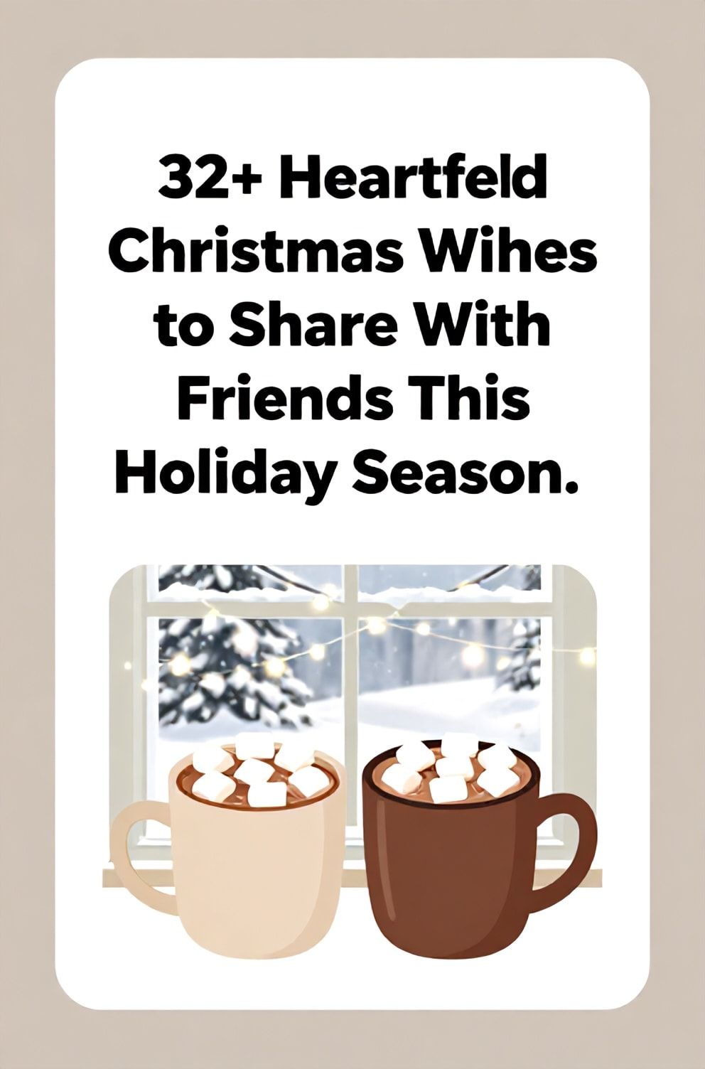 Bold%2C%20sharp%20text%20that%20says%20%E2%80%9C32%2B%20Heartfelt%20Christmas%20Wishes%20to%20Share%20With%20Friends%20This%20Holiday%20Season%E2%80%9D.%20The%20text%20is%20placed%20at%20the%20top%20inside%20a%20white%2C%20rounded%20rectangular%20illustration%20box%20in%20negative%20space%2C%20beautiful%20Pinterest-style%20frame.%20Pinterest-style%20illustration%20showing%20two%20mismatched%20mugs%20filled%20with%20hot%20cocoa%20and%20marshmallows.%20Background%20of%20a%20snowy%20window%20scene%20with%20twinkling%20lights.%20Clean%2C%20minimal%20composition%2C%20cold%20neutral%20or%20warm%20neutral%20color%20palette