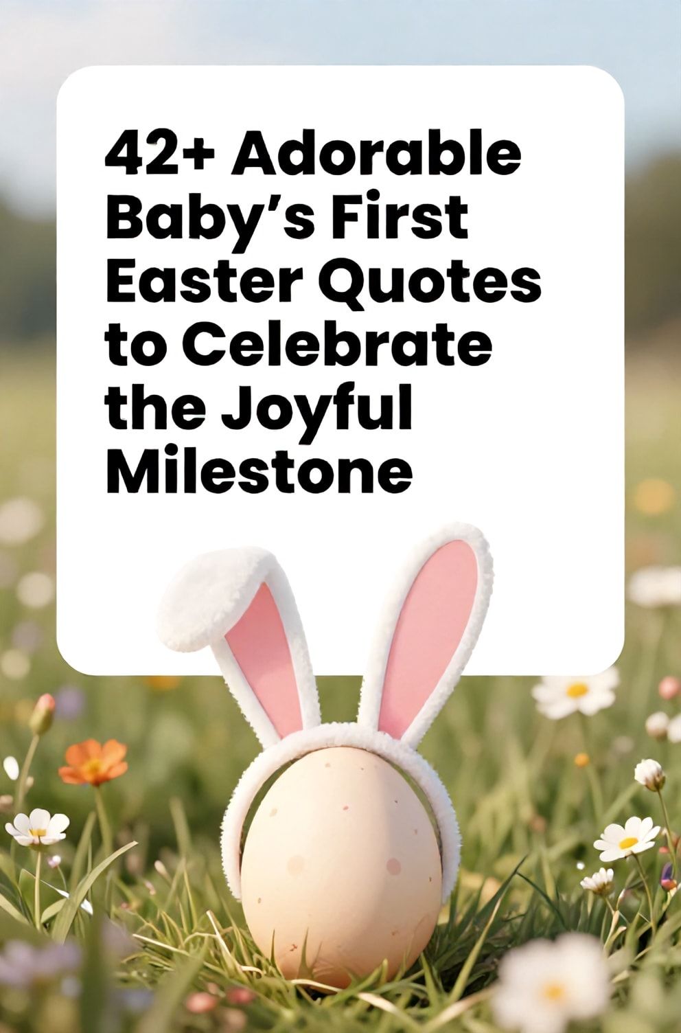 Bold%2C%20sharp%20text%20that%20says%20%E2%80%9C42%2B%20Adorable%20Baby%27s%20First%20Easter%20Quotes%20to%20Celebrate%20the%20Joyful%20Milestone%E2%80%9D.%20The%20text%20is%20placed%20at%20the%20top%20inside%20a%20white%2C%20rounded%20rectangular%20illustration%20box%20in%20negative%20space%2C%20beautiful%20Pinterest-style%20frame.%20Pinterest-style%20illustration%20showing%20a%20tiny%20bunny-ear%20headband%20next%20to%20a%20pastel-colored%20egg.%20Background%20of%20a%20soft%2C%20sun-drenched%20meadow%20with%20blurred%20wildflowers.%20Clean%2C%20minimal%20composition%2C%20cold%20neutral%20or%20warm%20neutral%20color%20palette