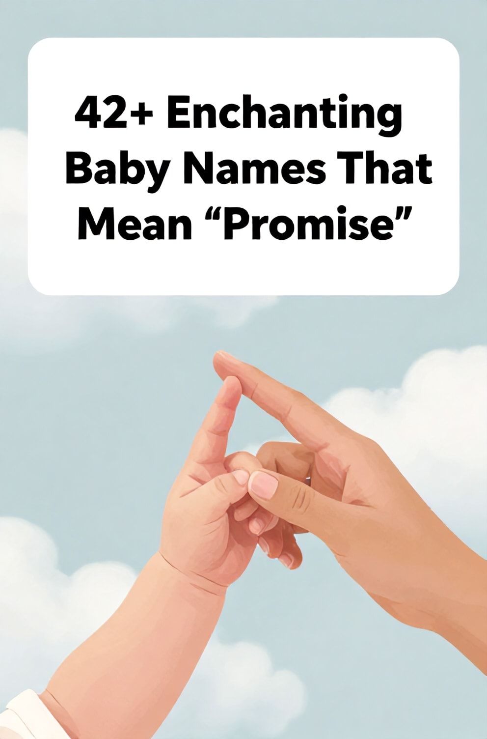 Bold%2C%20sharp%20text%20that%20says%20%E2%80%9C42%2B%20Enchanting%20Baby%20Names%20That%20Mean%20%27Promise%27%E2%80%9D.%20The%20text%20is%20placed%20at%20the%20top%20inside%20a%20white%2C%20rounded%20rectangular%20illustration%20box%20in%20negative%20space%2C%20beautiful%20Pinterest-style%20frame.%20Pinterest-style%20illustration%20showing%20a%20delicate%20pinky-promise%20between%20an%20adult%20and%20baby%20hand.%20Background%20of%20a%20soft%2C%20dreamy%20cloud%20scape%20in%20baby%20blue%20and%20white.%20Clean%2C%20minimal%20composition%2C%20cold%20neutral%20or%20warm%20neutral%20color%20palette