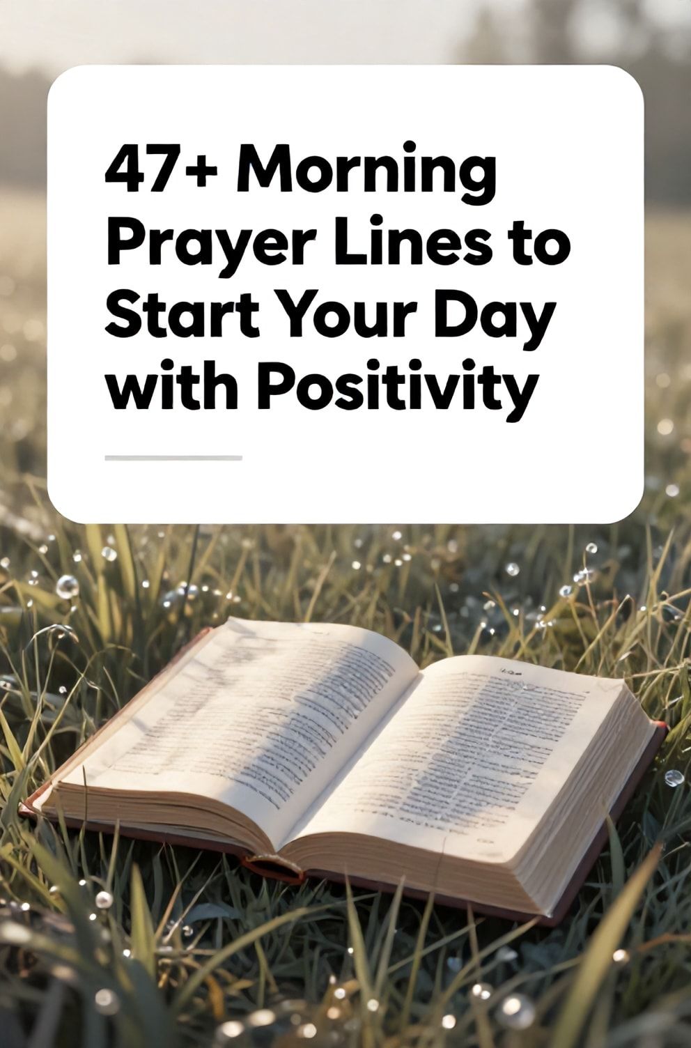 Bold%2C%20sharp%20text%20that%20says%20%E2%80%9C47%2B%20Morning%20Prayer%20Lines%20to%20Start%20Your%20Day%20with%20Positivity%E2%80%9D.%20The%20text%20is%20placed%20at%20the%20top%20inside%20a%20white%2C%20rounded%20rectangular%20illustration%20box%20in%20negative%20space%2C%20beautiful%20Pinterest-style%20frame.%20Pinterest-style%20illustration%20showing%20sunlight%20catching%20the%20pages%20of%20an%20open%20devotional%20book.%20Background%20of%20a%20fresh%2C%20dewy%20meadow%20at%20dawn.%20Clean%2C%20minimal%20composition%2C%20cold%20neutral%20or%20warm%20neutral%20color%20palette