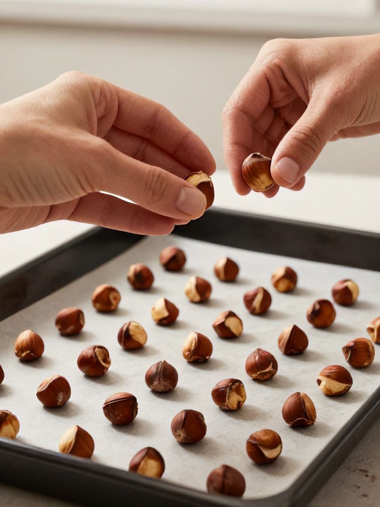 pinterest optimized close-up action shot showing hands toasting hazelnuts evenly on a baking sheet in the oven
