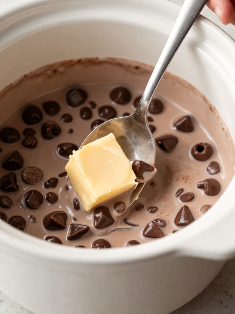 pinterest optimized close-up shot of spoon stirring chocolate chips, sweetened condensed milk, and butter inside a crockpot slow cooker