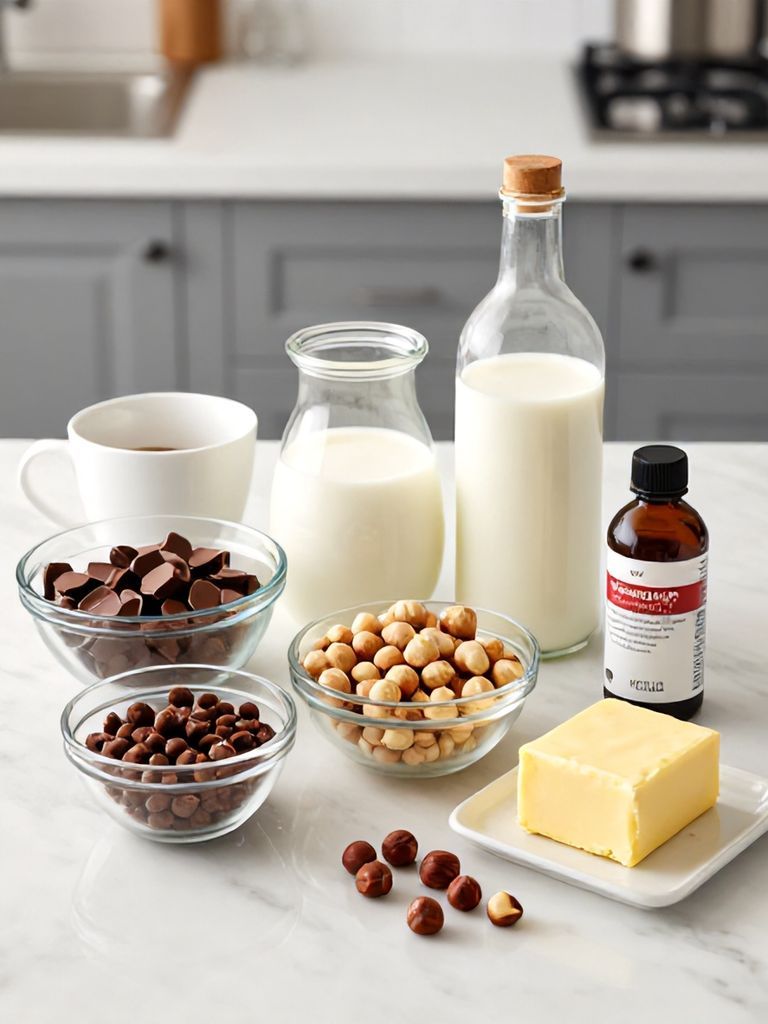 pinterest optimized image displaying all ingredients including chocolate chips, hazelnuts, sweetened condensed milk, butter, and vanilla extract arranged on a kitchen counter