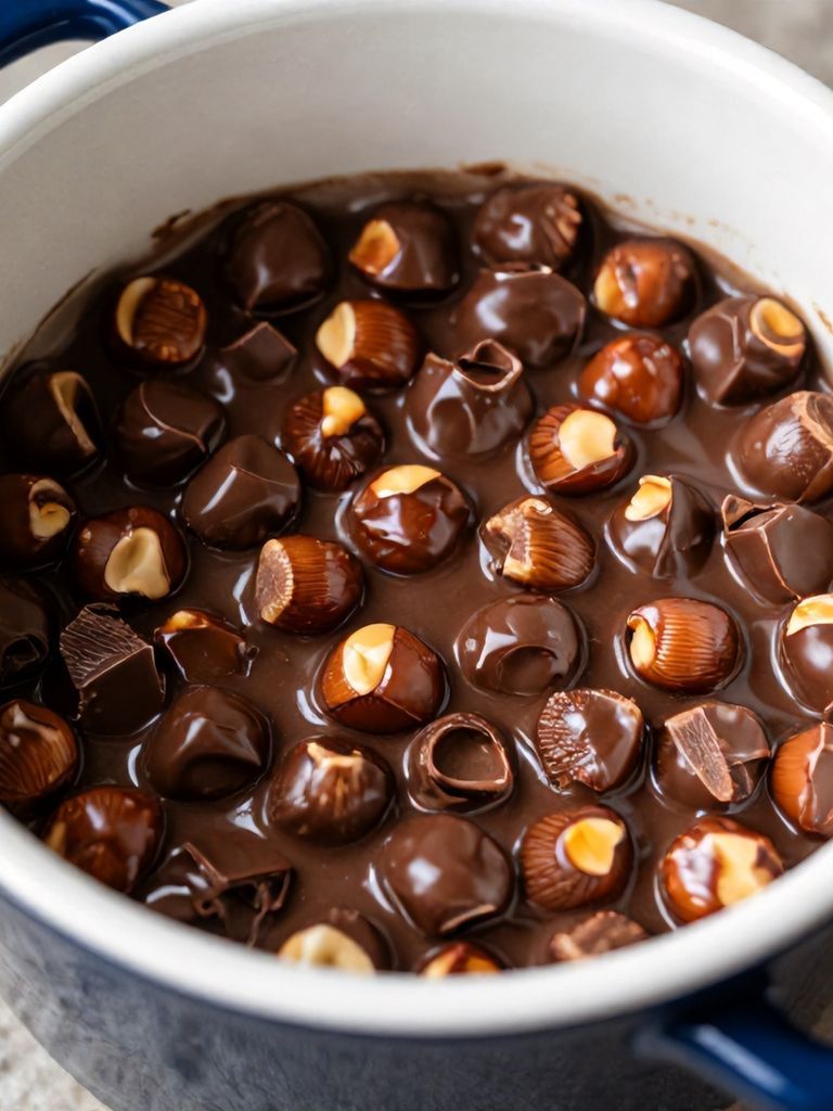 pinterest optimized image of a crockpot filled with glossy chocolate hazelnut candy pieces, showcasing rich texture and nutty bits