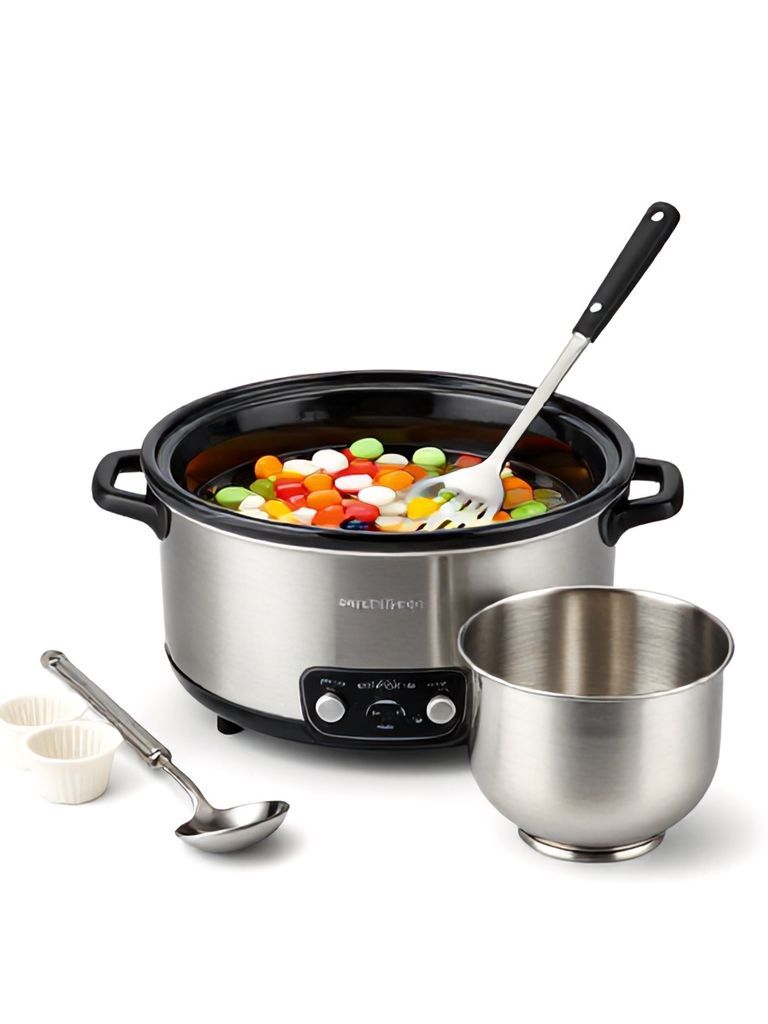pinterest optimized image of essential tools arranged around a crockpot including a slow cooker, mixing spoon, and candy molds